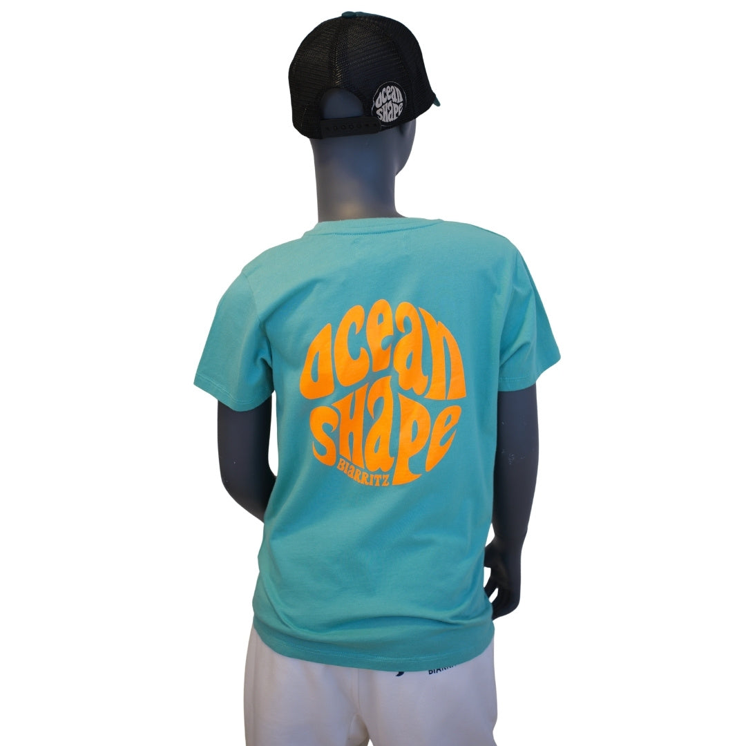Kids "Bubble" T-shirt - Teal Monstera & Neon Orange