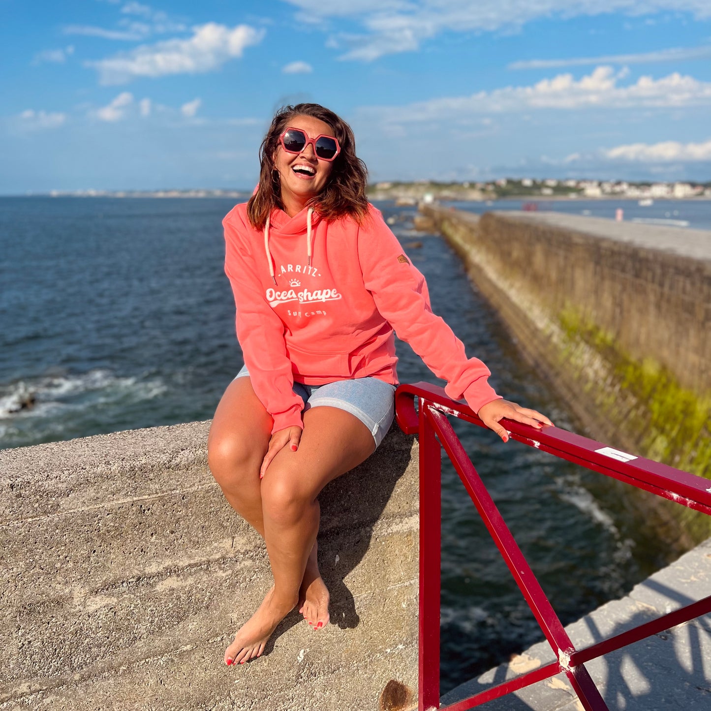 Sweat "Surf camp" Corail à capuche