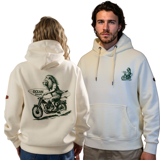 Sweat à capuche unisexe "Lion Biker" - Ecru et Vert