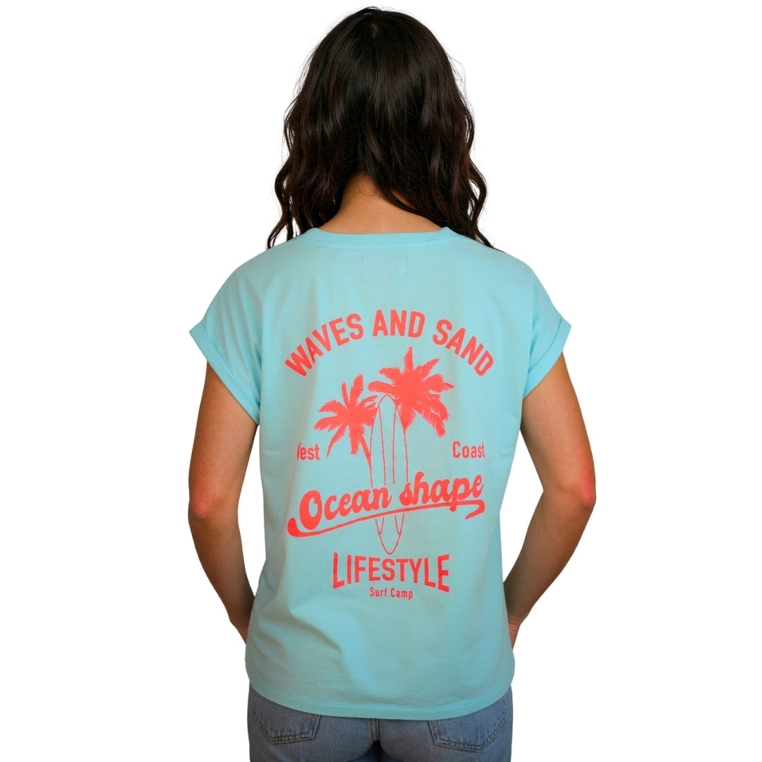 T-shirt femme “Waves & Sand” - Caribbean Blue et Corail