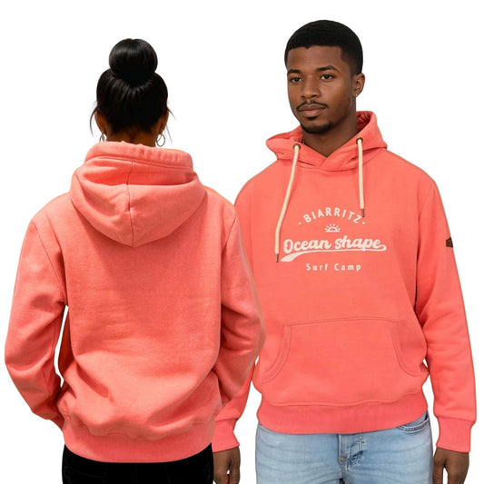 Sweat à capuche "Surf camp" - Corail et blanc