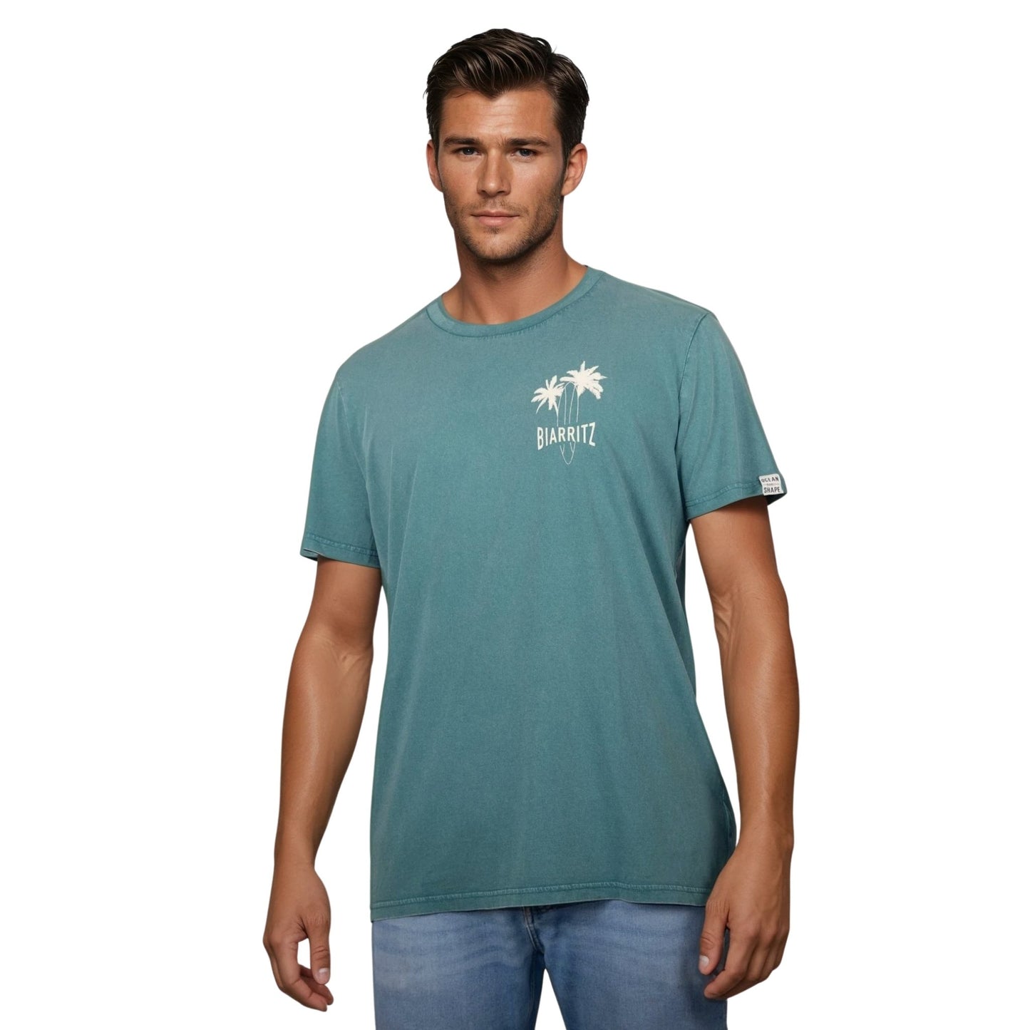 T-shirt unisexe en coton biologique vert sauge délavé avec petit dessin palmiers, planche de surf et écriture "Biarritz" écru sur la poitrine gauche, vu de face sur mannequin homme.