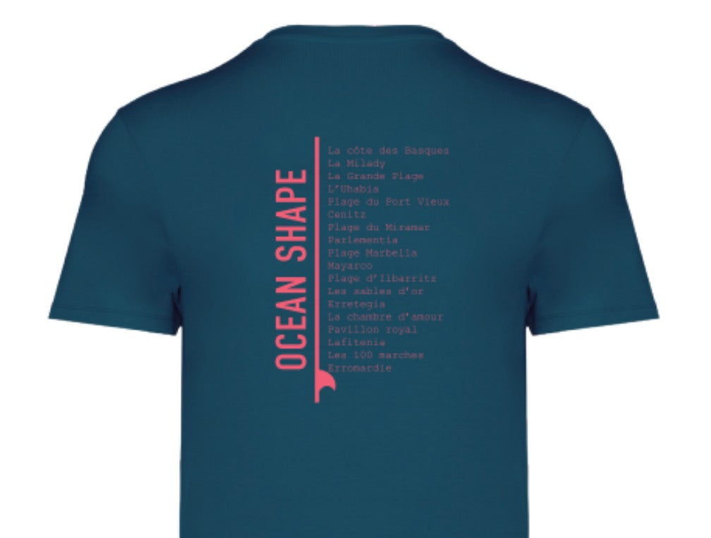 T-shirt unisexe "Beaches" – Peacock Blue et Corail Fluo
