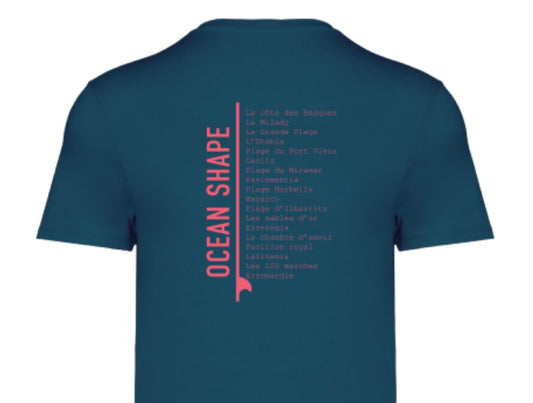 T-shirt unisexe "Beaches" – Peacock Blue et Corail Fluo
