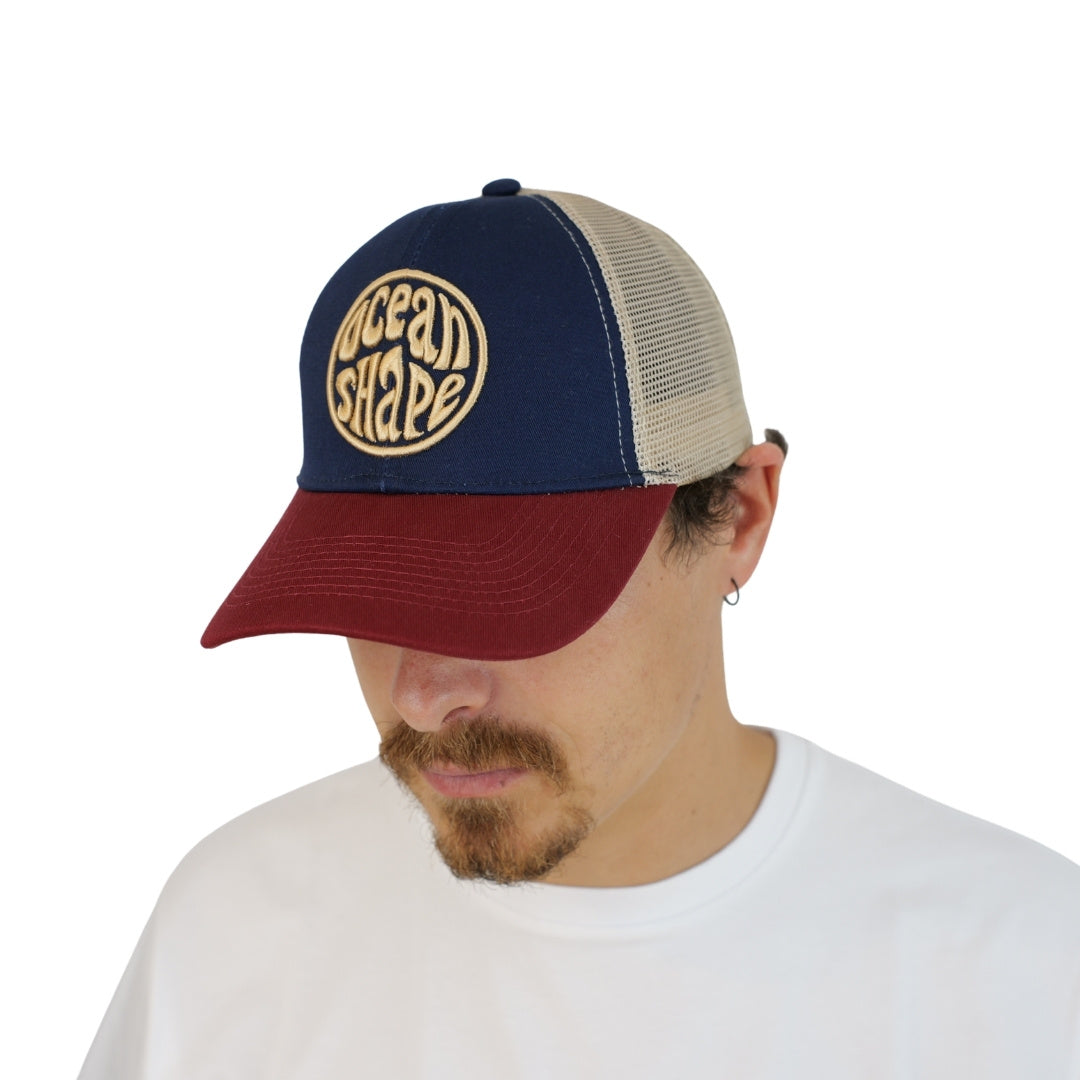 Casquette Trucker Bleu & Rouge- Bubble Broderie Beige