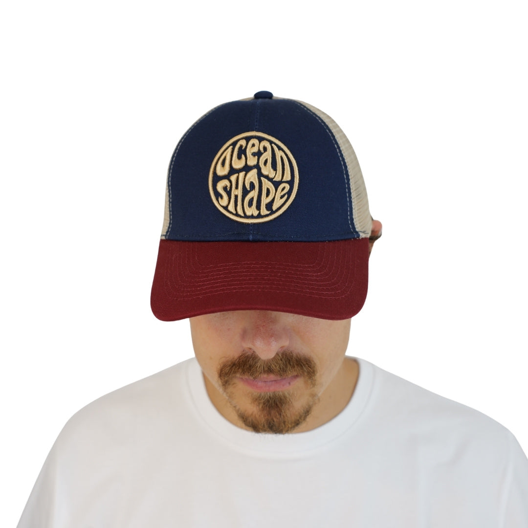 Casquette Trucker Bleu & Rouge- Bubble Broderie Beige
