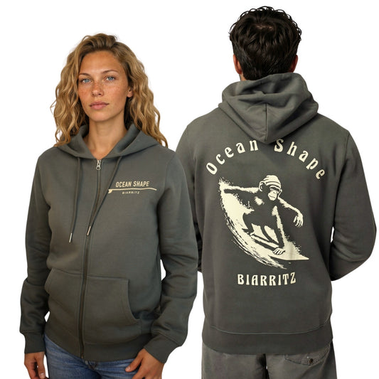 "Monkey Wave" Zip-Up Hoodie - Iron Grey