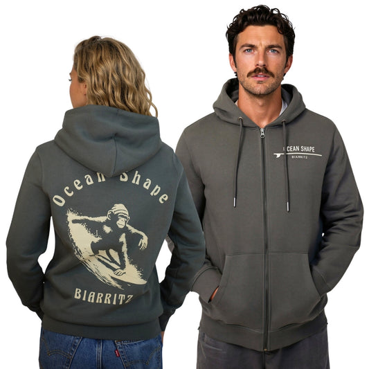 "Monkey Wave" Zip-Up Hoodie - Iron Grey