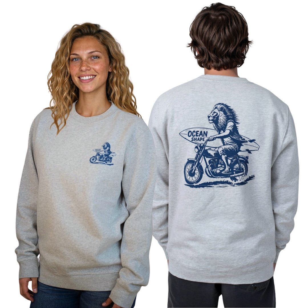 Sweat col rond unisexe "Lion Biker" – Gris chiné