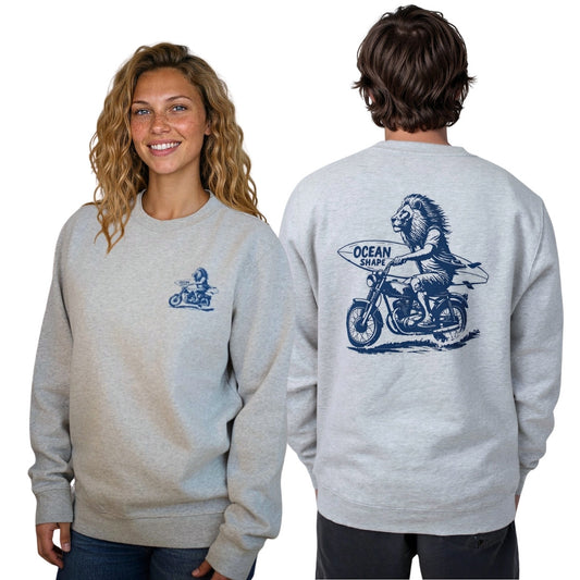 Sweat col rond unisexe "Lion Biker" – Gris chiné