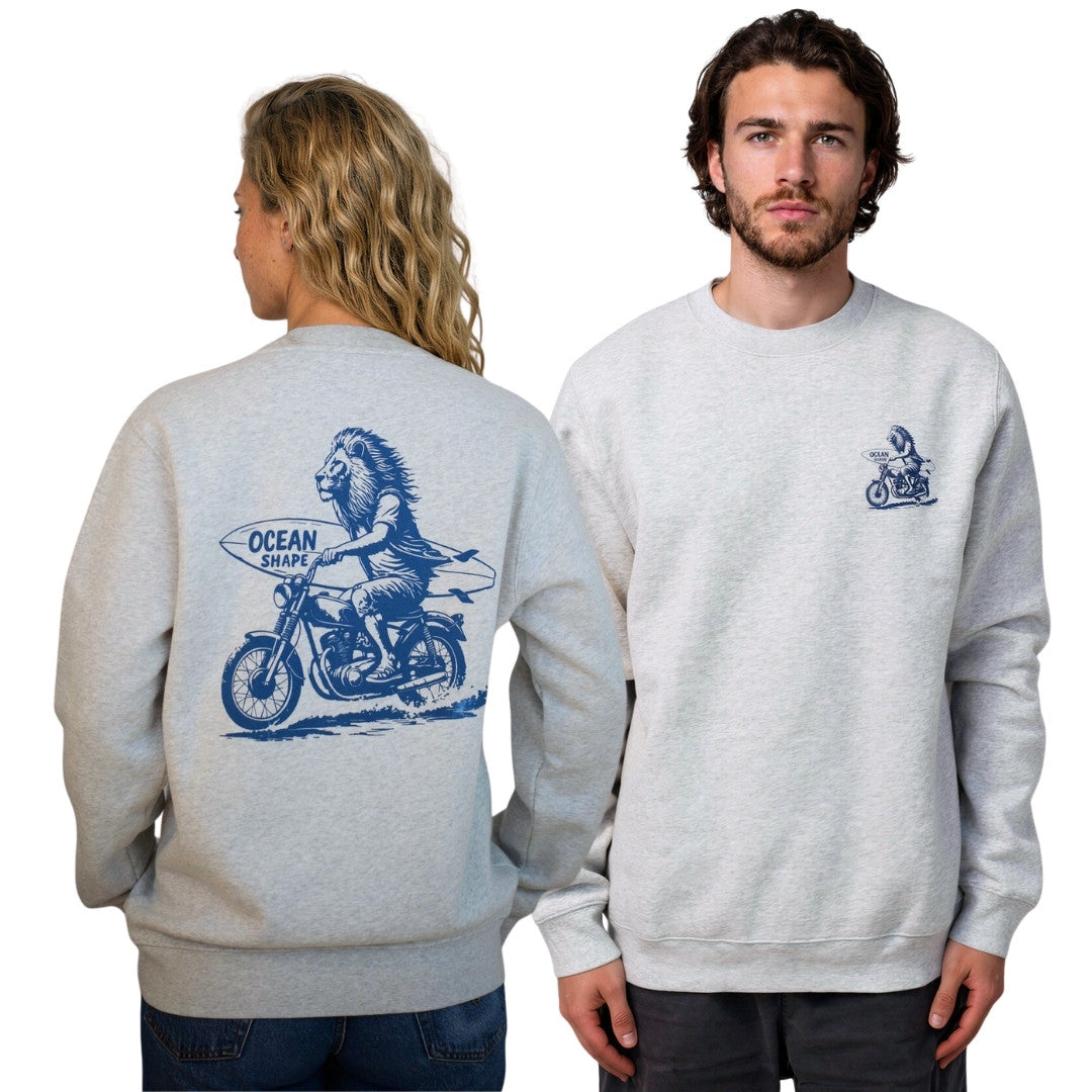 Sweat col rond unisexe "Lion Biker" – Gris chiné