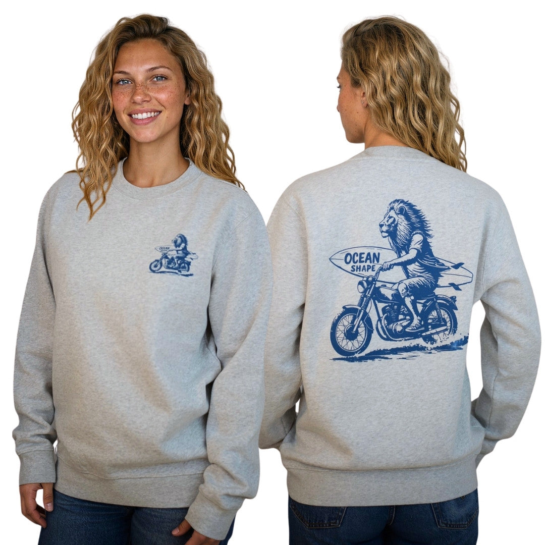 Sweat col rond unisexe "Lion Biker" – Gris chiné