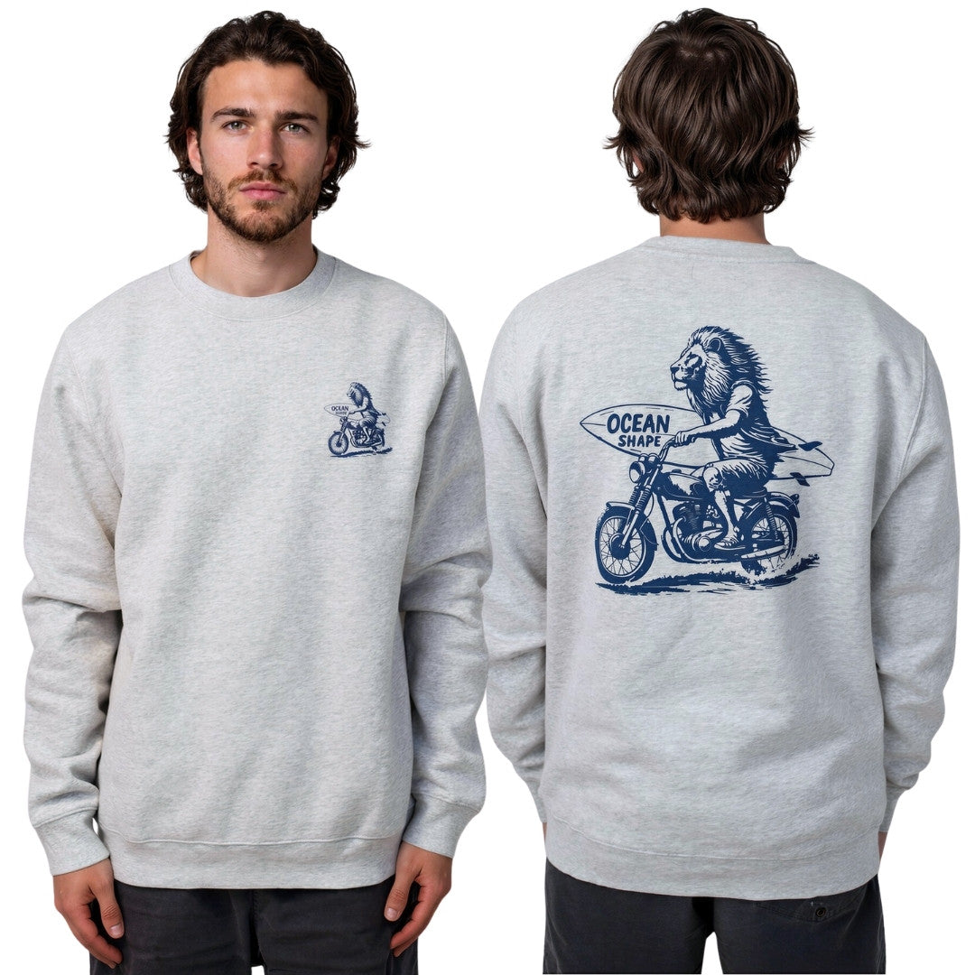 Sweat col rond unisexe "Lion Biker" – Gris chiné