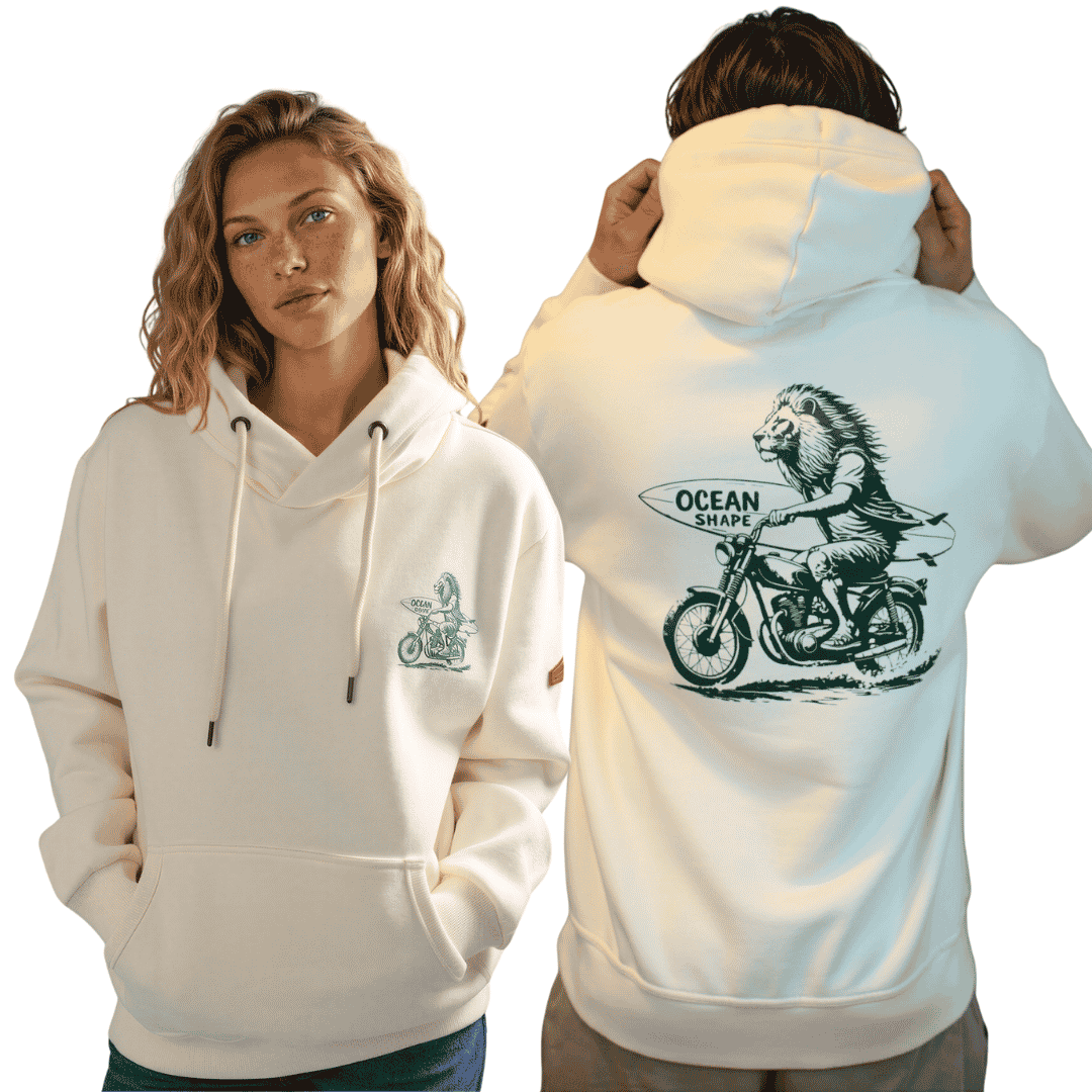 Sweat à capuche unisexe "Lion Biker" - Ecru et Vert