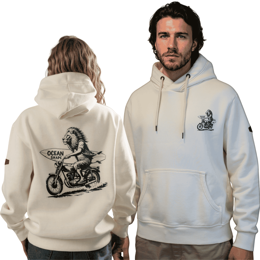Sweat à capuche unisexe "Lion Biker" - Ecru et Vert