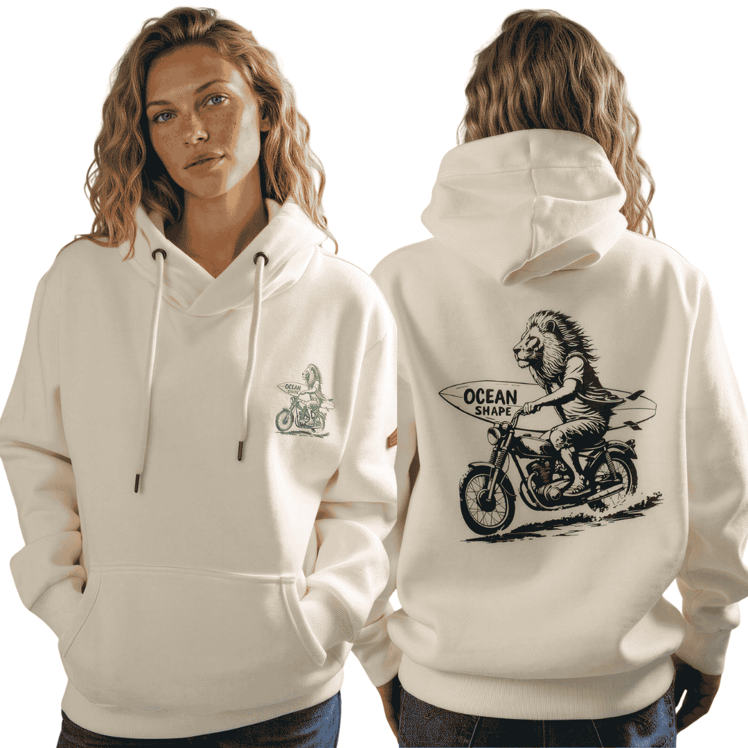 Sweat à capuche unisexe "Lion Biker" - Ecru et Vert