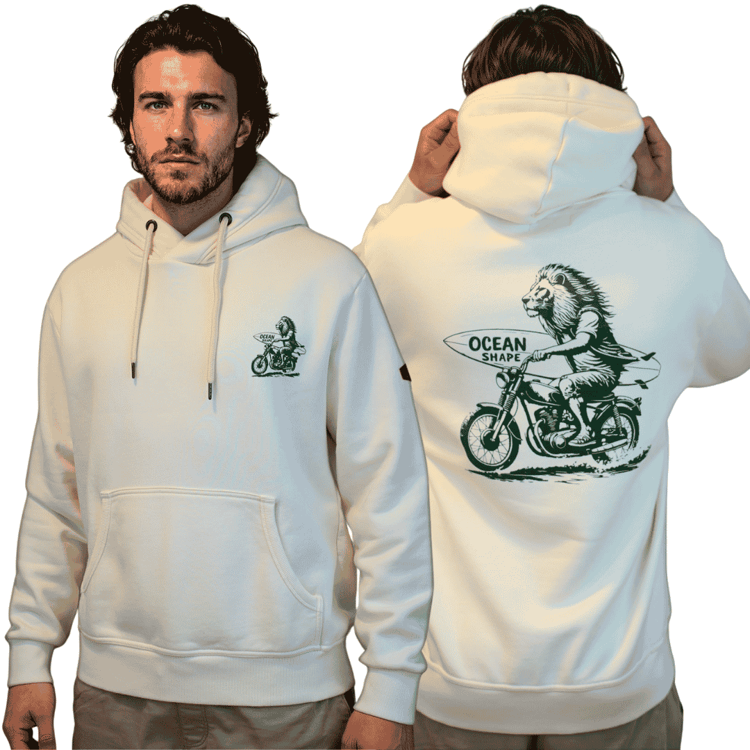 Sweat à capuche unisexe "Lion Biker" - Ecru et Vert