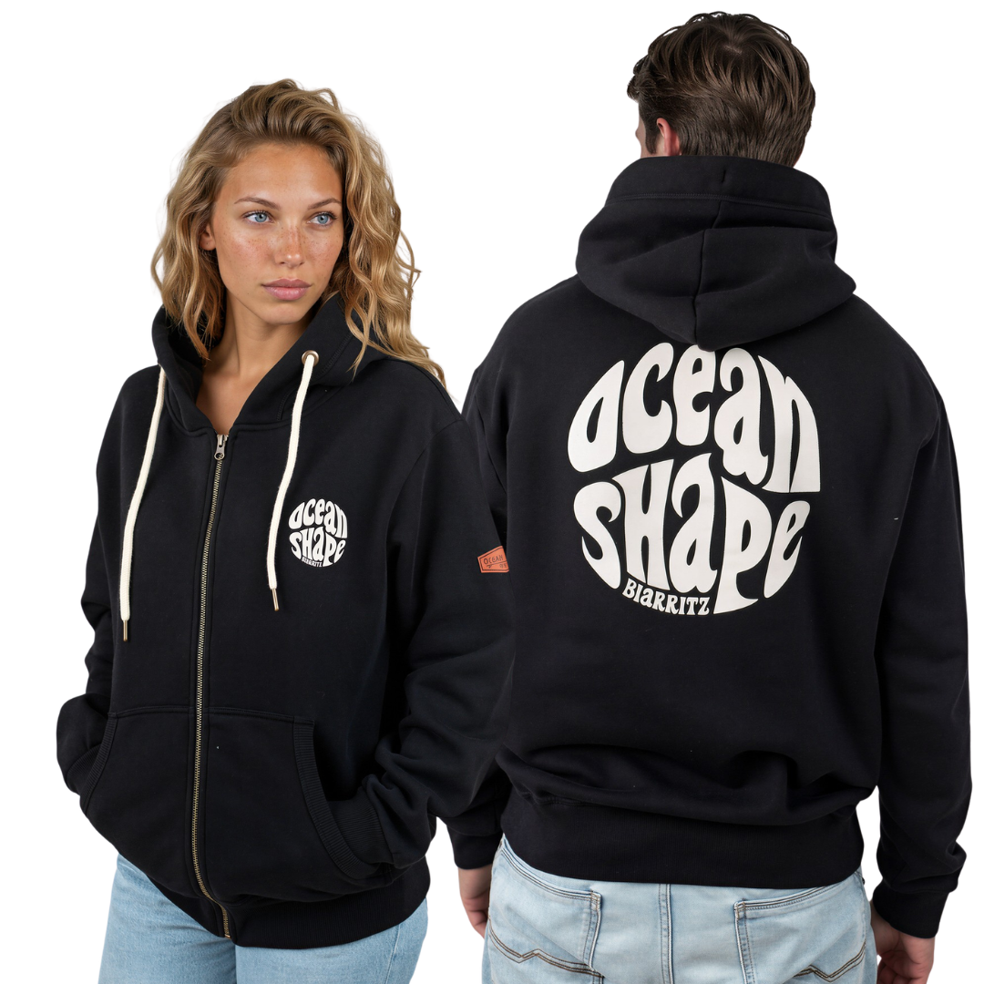 Unisex zip-up "Bubble" hoodie - Black and ecru
