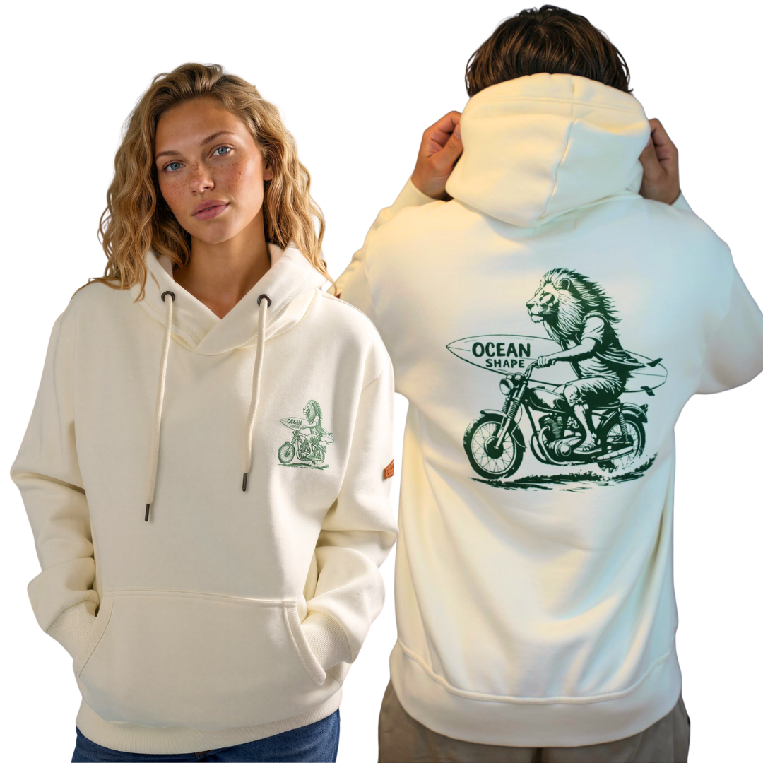 Sweat à capuche unisexe "Lion Biker" - Ecru et Vert