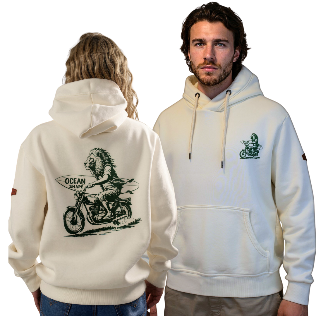 Sweat à capuche unisexe "Lion Biker" - Ecru et Vert