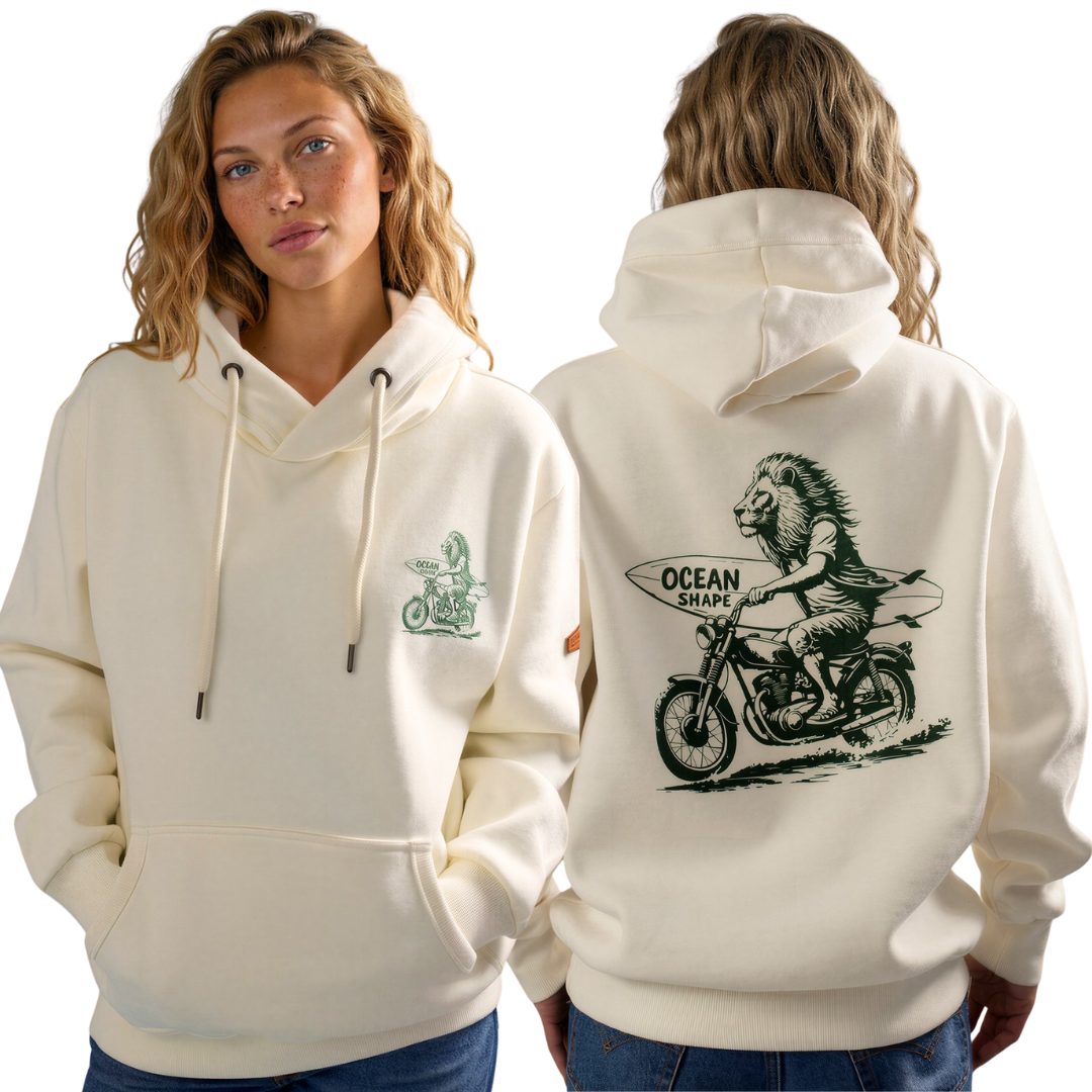 Sweat à capuche unisexe "Lion Biker" - Ecru et Vert