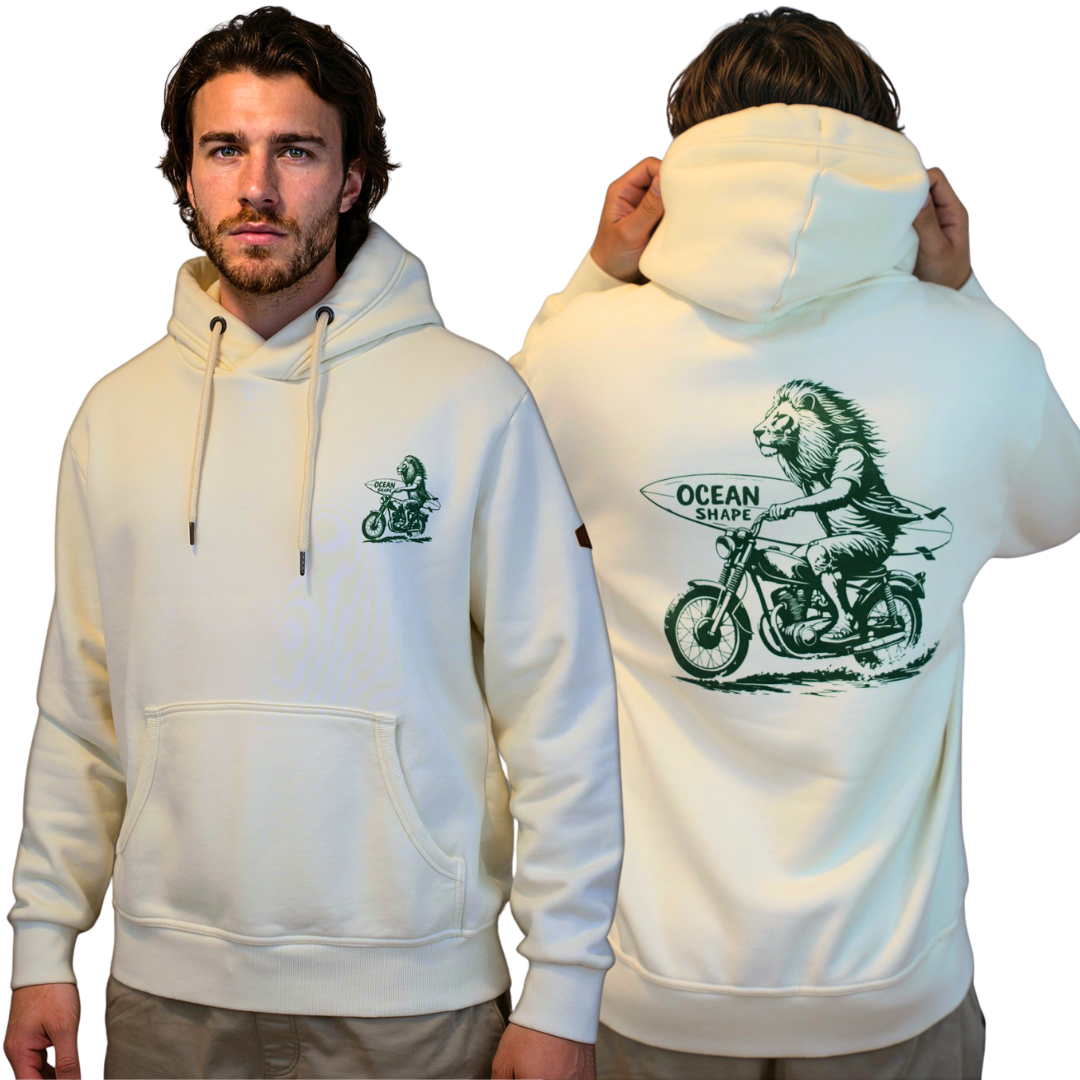 Sweat à capuche unisexe "Lion Biker" - Ecru et Vert