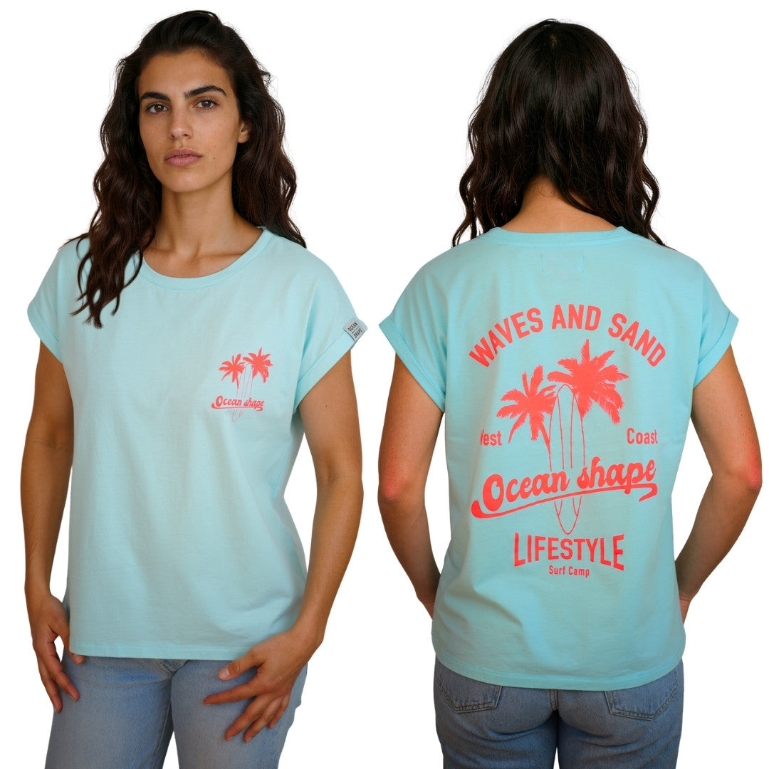 T-shirt femme “Wave and sand” Caribbean Blue