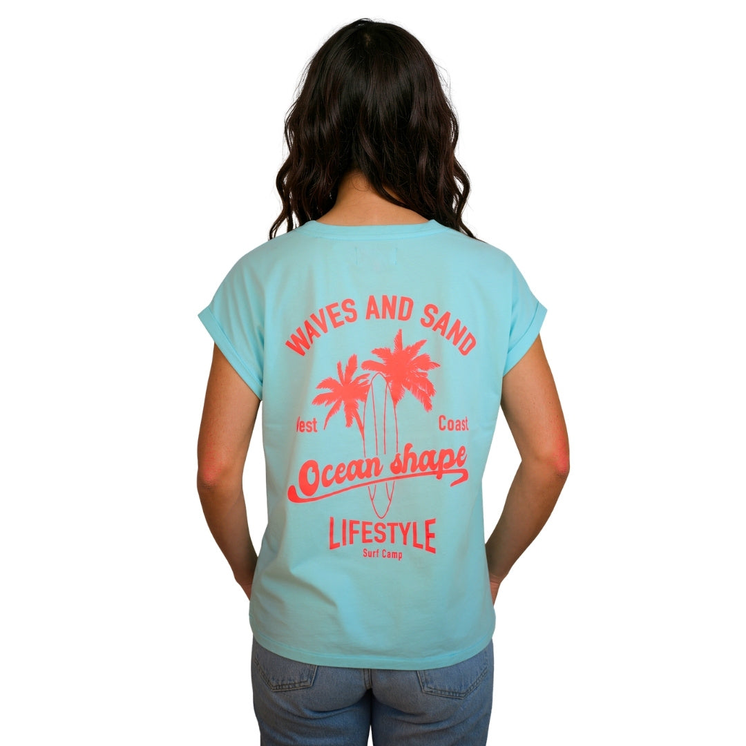 T-shirt femme “Wave and sand” Caribbean Blue