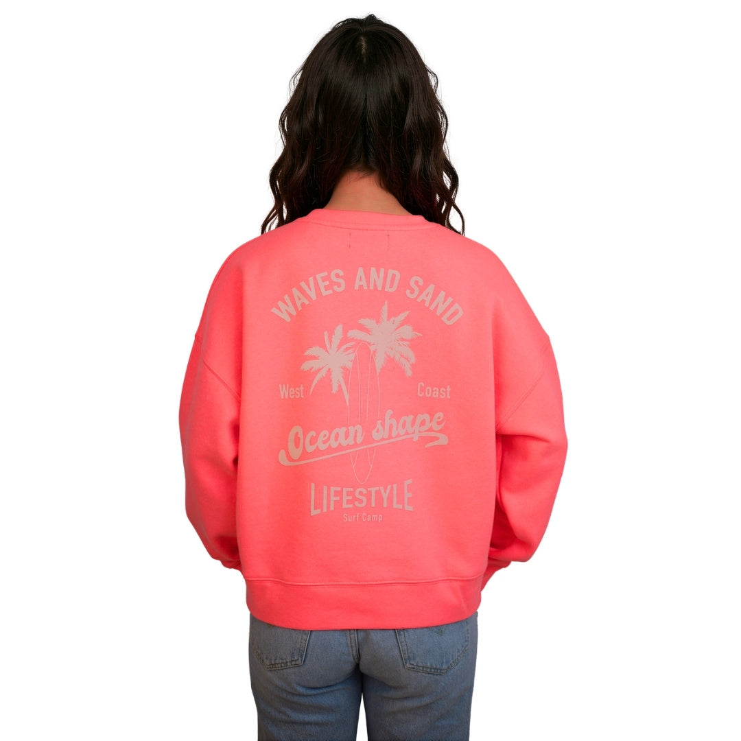 Sweat col rond Femme "Wave and Sand" - Rose Fluo