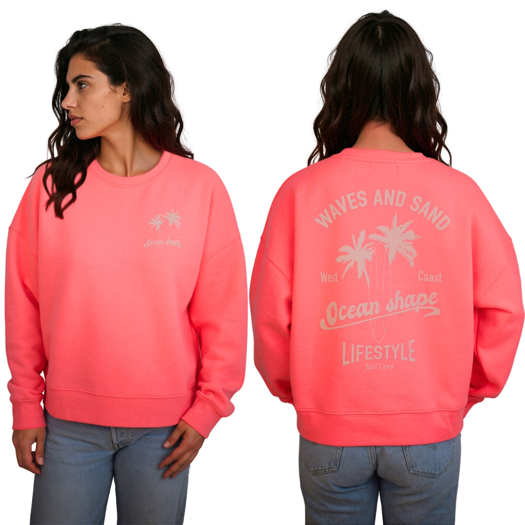 Sweat col rond Femme "Wave and Sand" - Rose Fluo