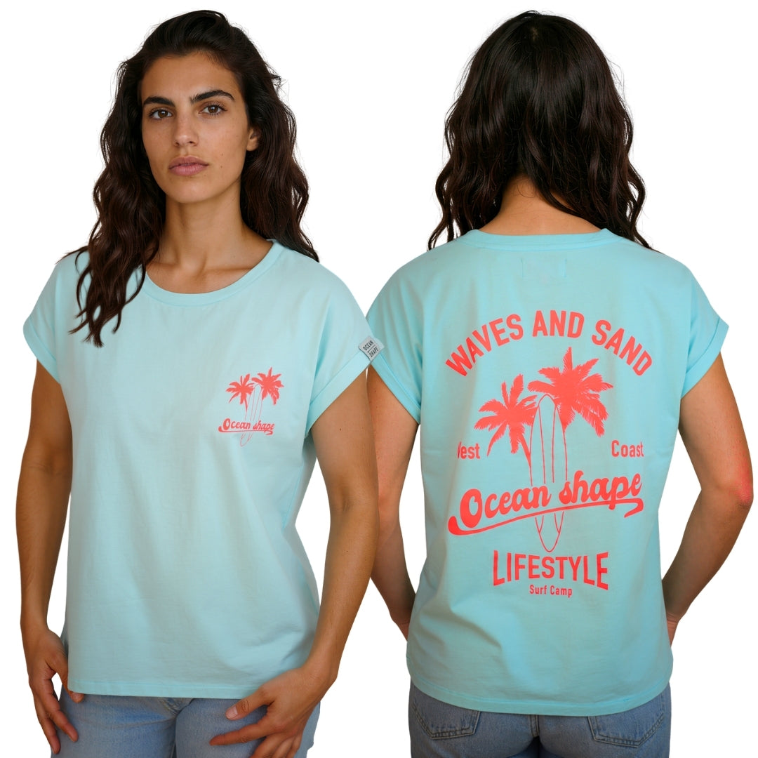 T-shirt femme “Waves & Sand” - Caribbean Blue et Corail