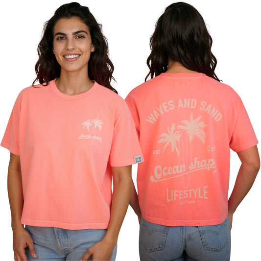T-shirt femme “Waves & Sand” - Rose Fluo