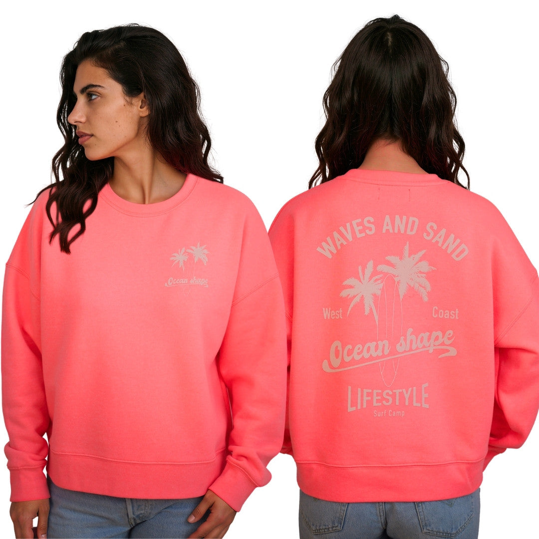 Sweat col rond Femme "Wave and Sand" - Rose Fluo