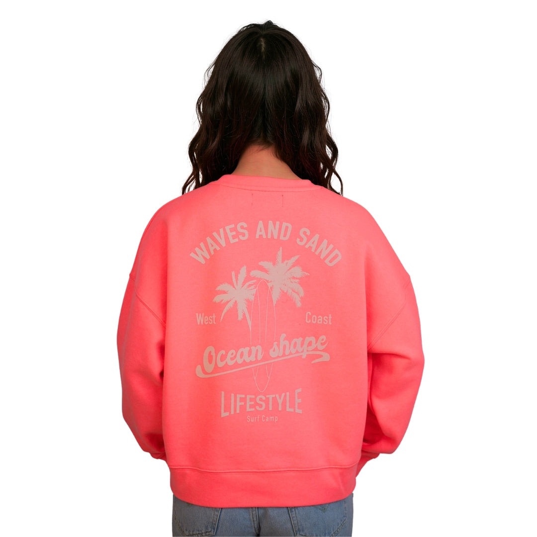 Sweat col rond Femme "Wave and Sand" - Rose Fluo
