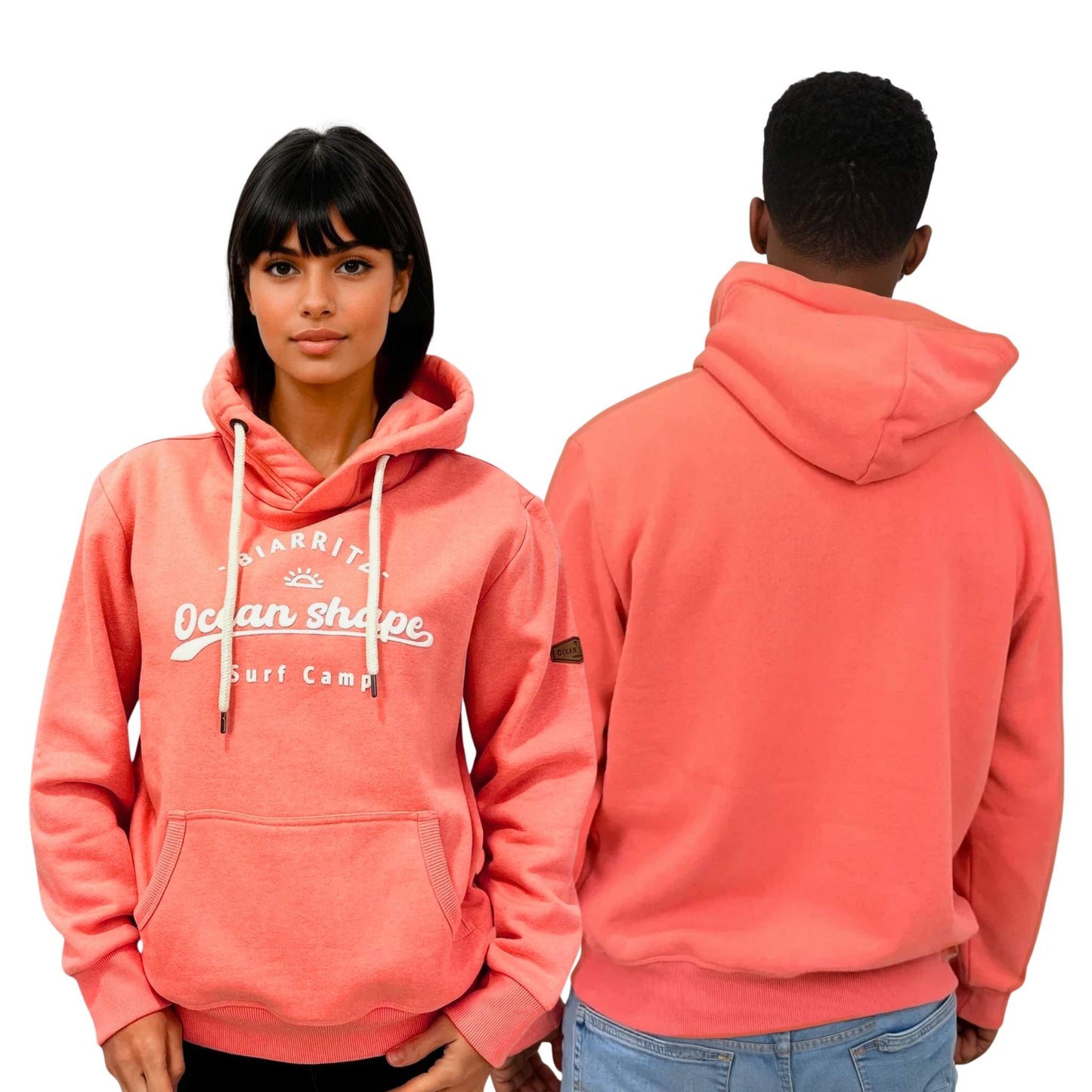 Sweat à capuche "Surf camp" - Corail et blanc