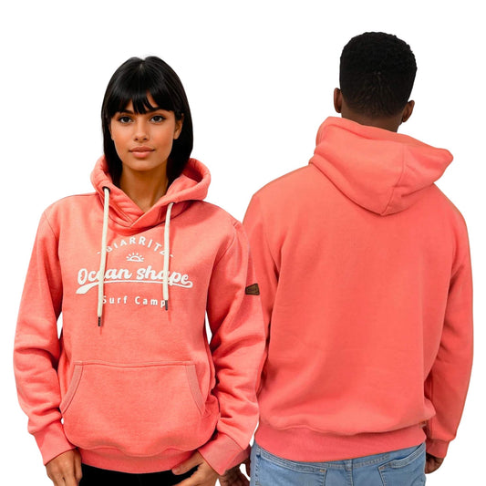 Sweat à capuche "Surf camp" - Corail et blanc