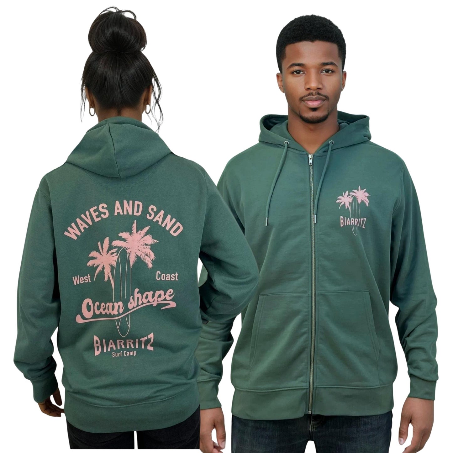Sweat à capuche zippé OceanShape  unisexe glazed green.
Vu de dos sur mannequin femme et de face sur mannequin homme.
Dos : écriture "waves and sand, west coast, Ocean Shape Biarritz, surf camp"
Devant : écriture "Biarritz" avec une planche et deux palmiers en rose sur la poitrine gauche.
Style casual et surf inspiré de la côte basque.