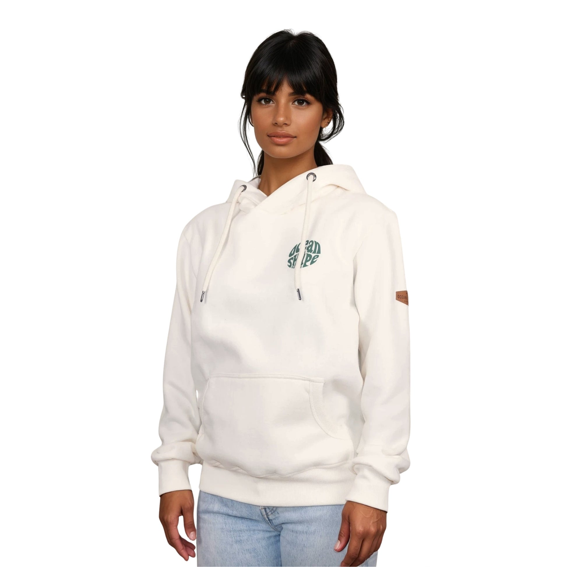 Sweat à capuche unisexe écru.
petit logo bubble "ocean shape biarritz" vert sur la poitrine gauche.
Vu de face sur mannequin femme.