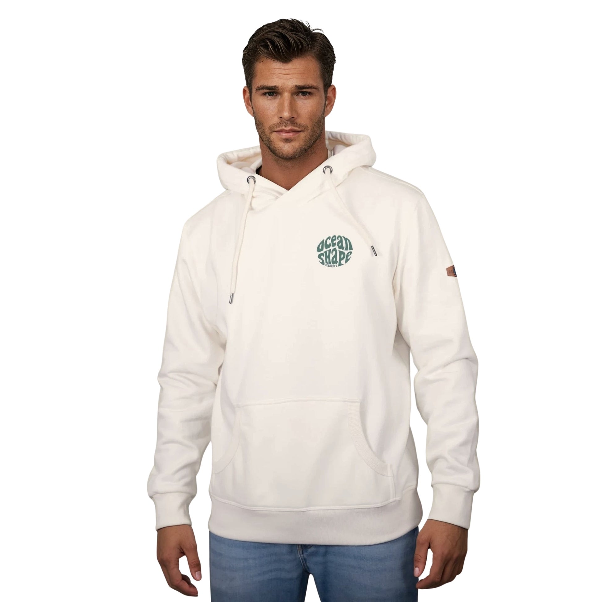 Sweat à capuche unisexe écru.
petit logo bubble "ocean shape biarritz" vert sur la poitrine gauche.
Vu de face sur mannequin homme.