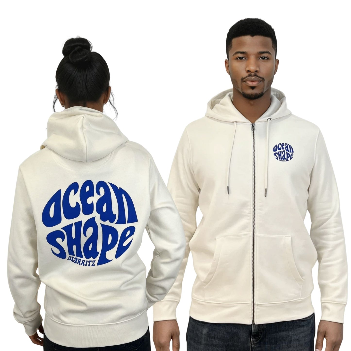 Sweat zippé à capuche unisexe ivory.
Devant : petit logo bubble "Ocean Shape Biarritz" bleu sur la poitrine gauche.
Dos : gros logo bubble "Ocean Shape Biarritz" bleu dans le dos.
Vu de face sur mannequin homme et de dos sur mannequin femme.