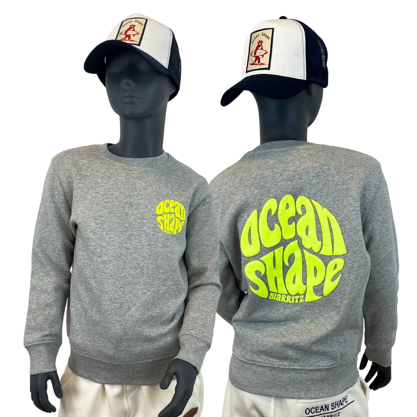 Sweat col rond Kids "Bubble" - Gris chiné & Jaune Fluo