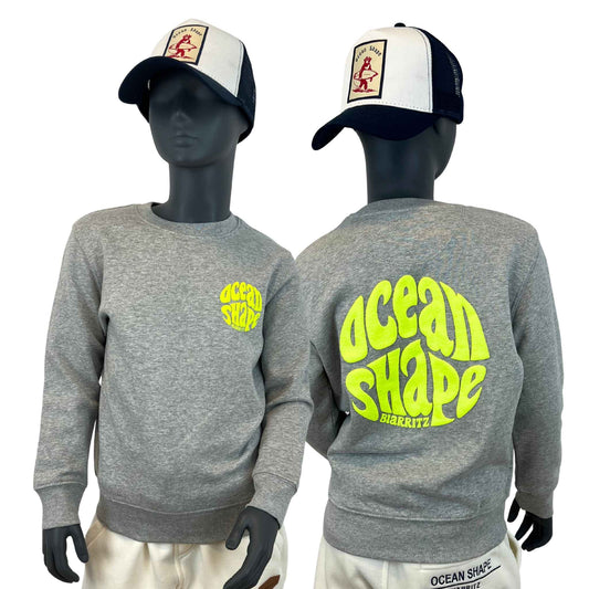 Sweat col rond Kids "Bubble" - Gris chiné & Jaune Fluo