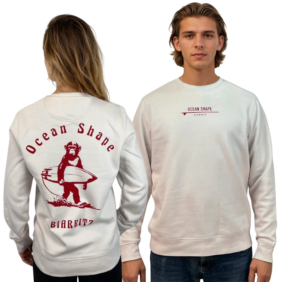 Unisex round neck sweatshirt "Monkey Walk" - Vintage White and Red