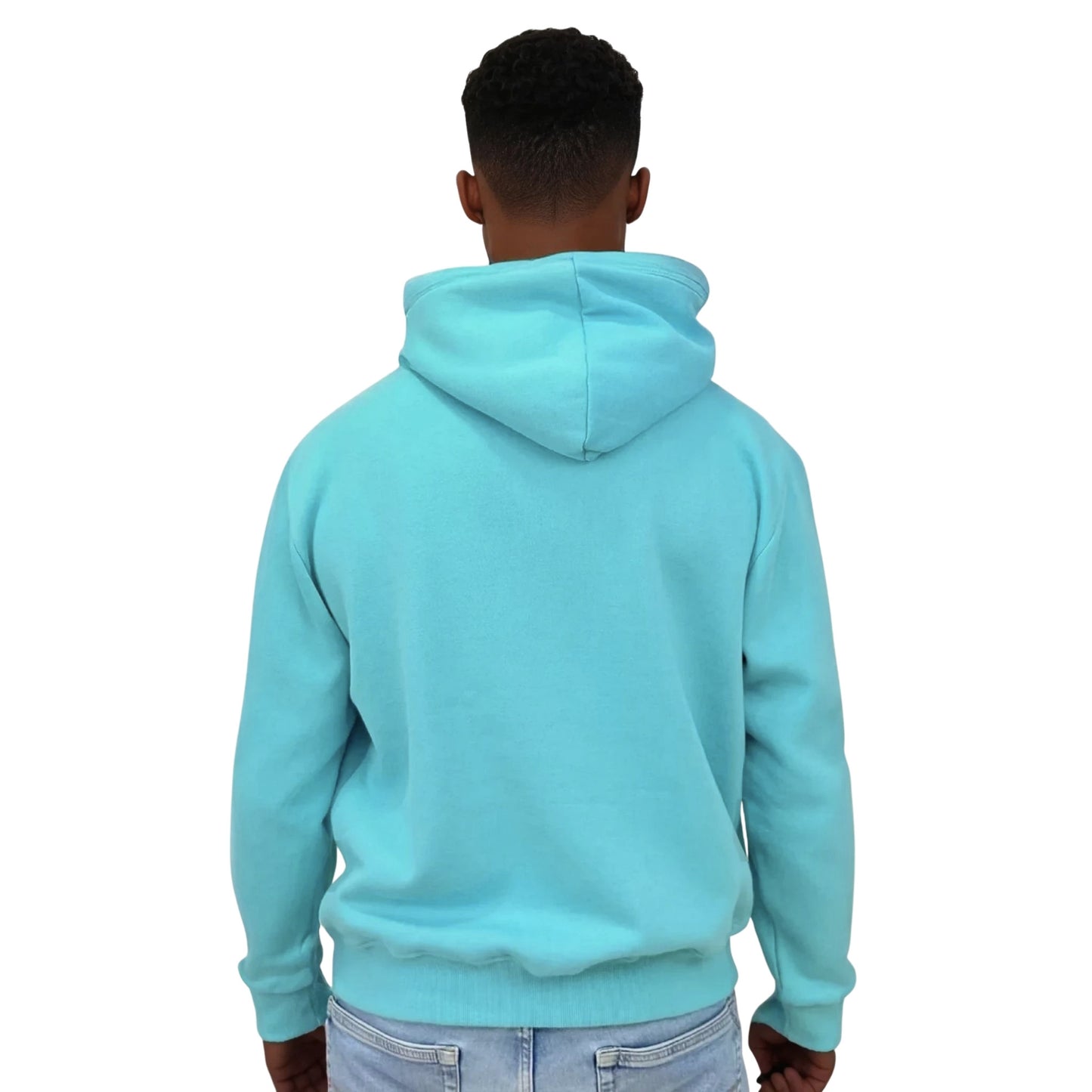 Sweat à capuche Ocean Shape en coton biologique turquoise, vu de dos sur mannequin homme