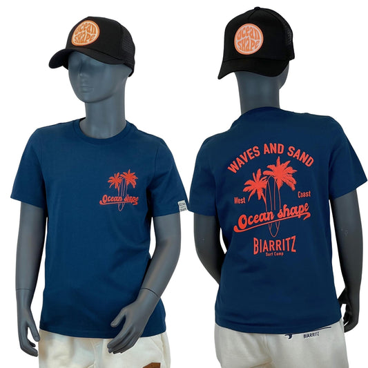 T-shirt Kids "Wave and Sand" - Peacock Blue et Corail