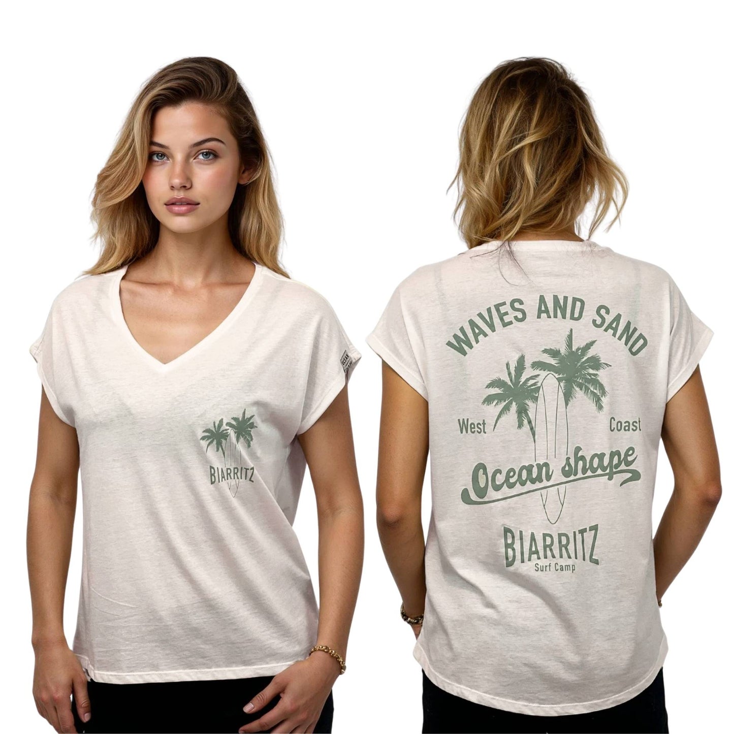 T-shirt femme en coton biologique ivoire, col en V.
Devant : petit dessin vert pale de palmiers et planche de surf + écriture Biarritz sur poitrine gauche.
Dos : grand dessin vert pale de palmiers, planche de surf + écritures "Wave and Sand, Ocean Shape Biarritz" dans le dos.
Vu de face et de dos sur mannequin femme.