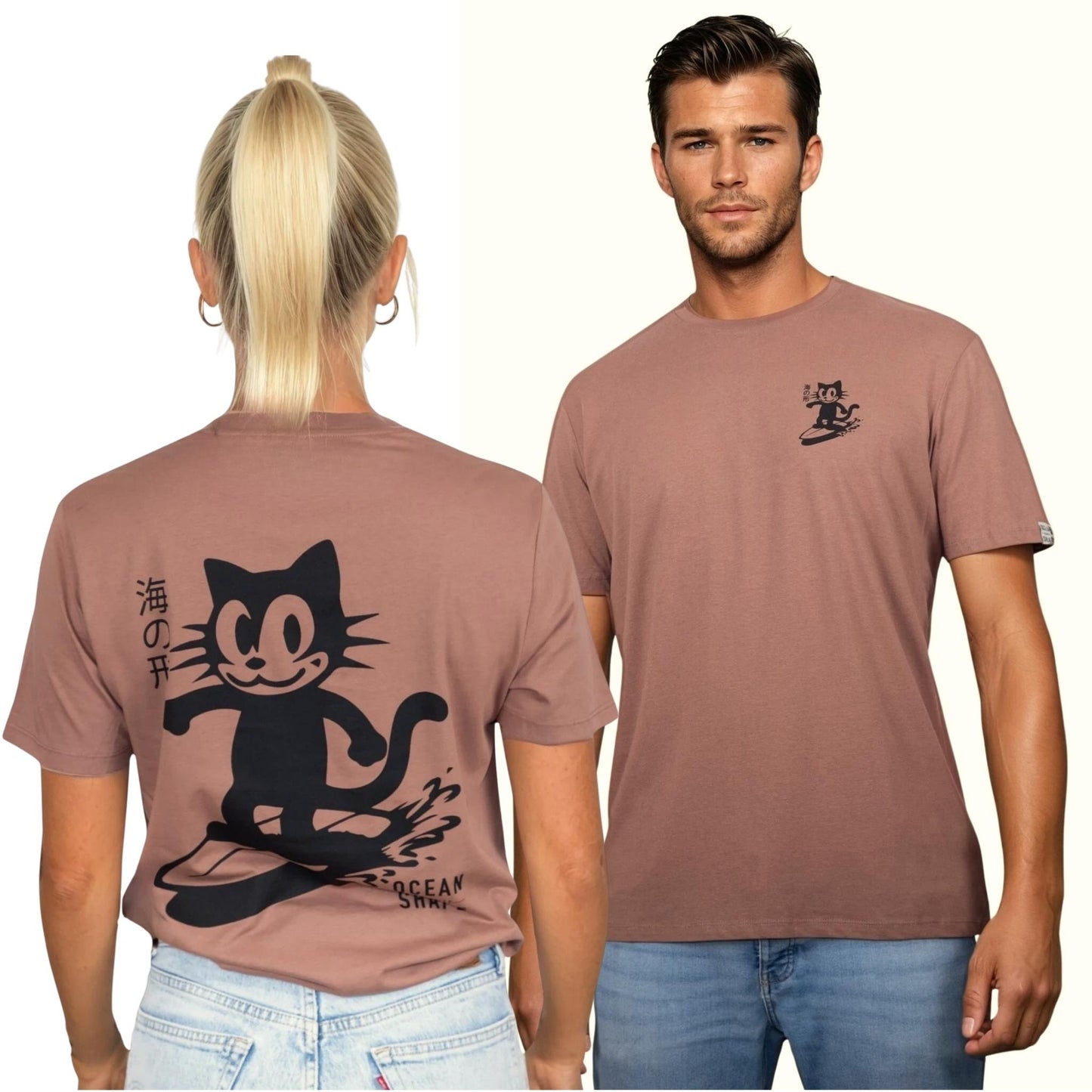 Tee-shirt unisexe sienna en coton biologique.
Devant : petit logo chat qui surf noir sur la poitrine gauche.
Dos : gros logo chat qui surf et écriture "ocean shape" en noir.
Vu de dos sur mannequin femme et vu de face sur mannequin homme.