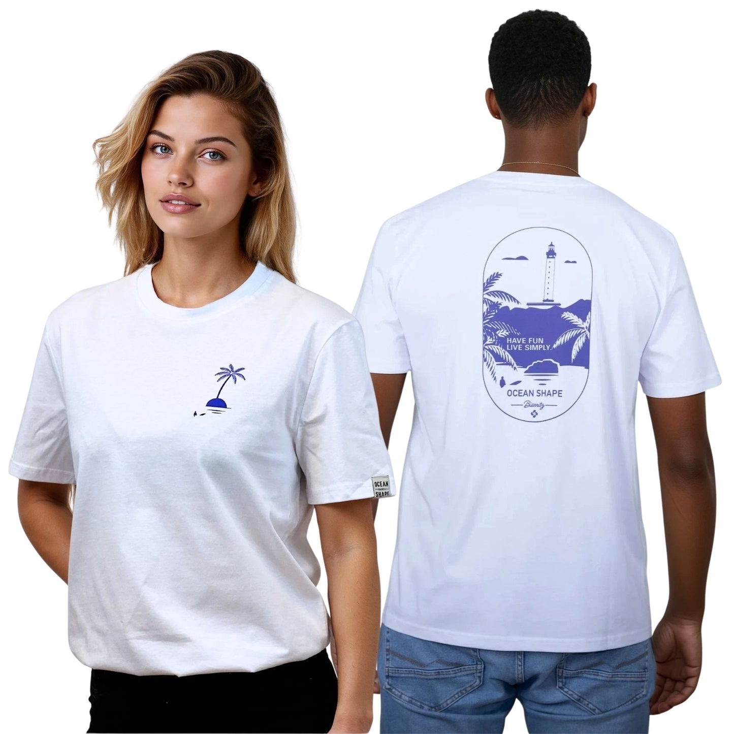 T-shirt unisexe blanc en coton biologique.
Devant : petit dessin palmier sur île bleu sur la poitrine gauche.
Dos : grand dessin phare de Biarritz bleu.
Vu de face sur mannequin femme et de dos sur mannequin homme.