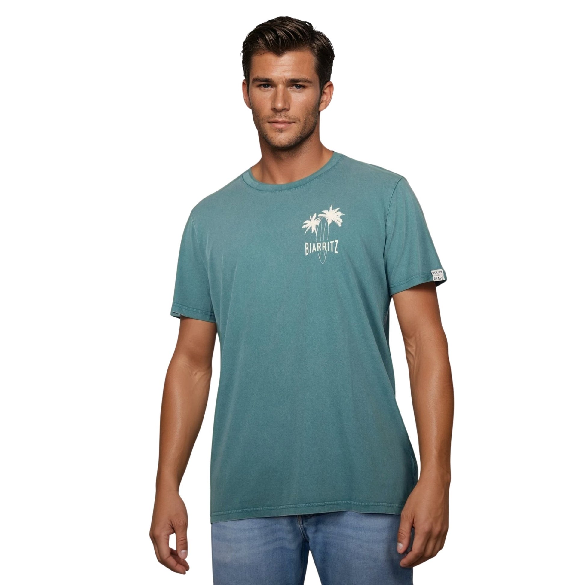 T-shirt unisexe en coton biologique vert sauge délavé avec petit dessin palmiers, planche de surf et écriture "Biarritz" écru sur la poitrine gauche, vu de face sur mannequin homme.